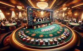 Meja Texas Poker live dealer di studio slot500 menampilkan dealer, kartu, dan chip pemain